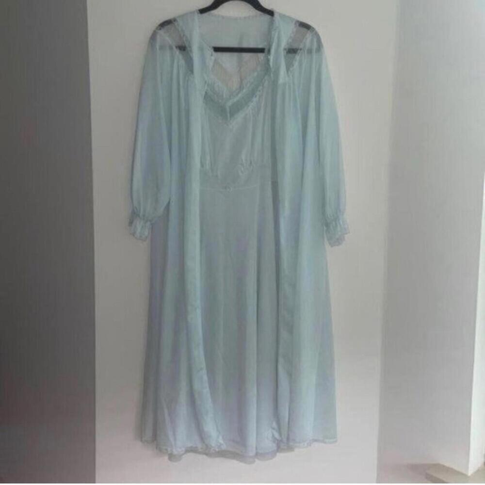 🇺🇸Vintage Light Blue dressing gown lingerie Pajama sleep set 2 Piece Dress
